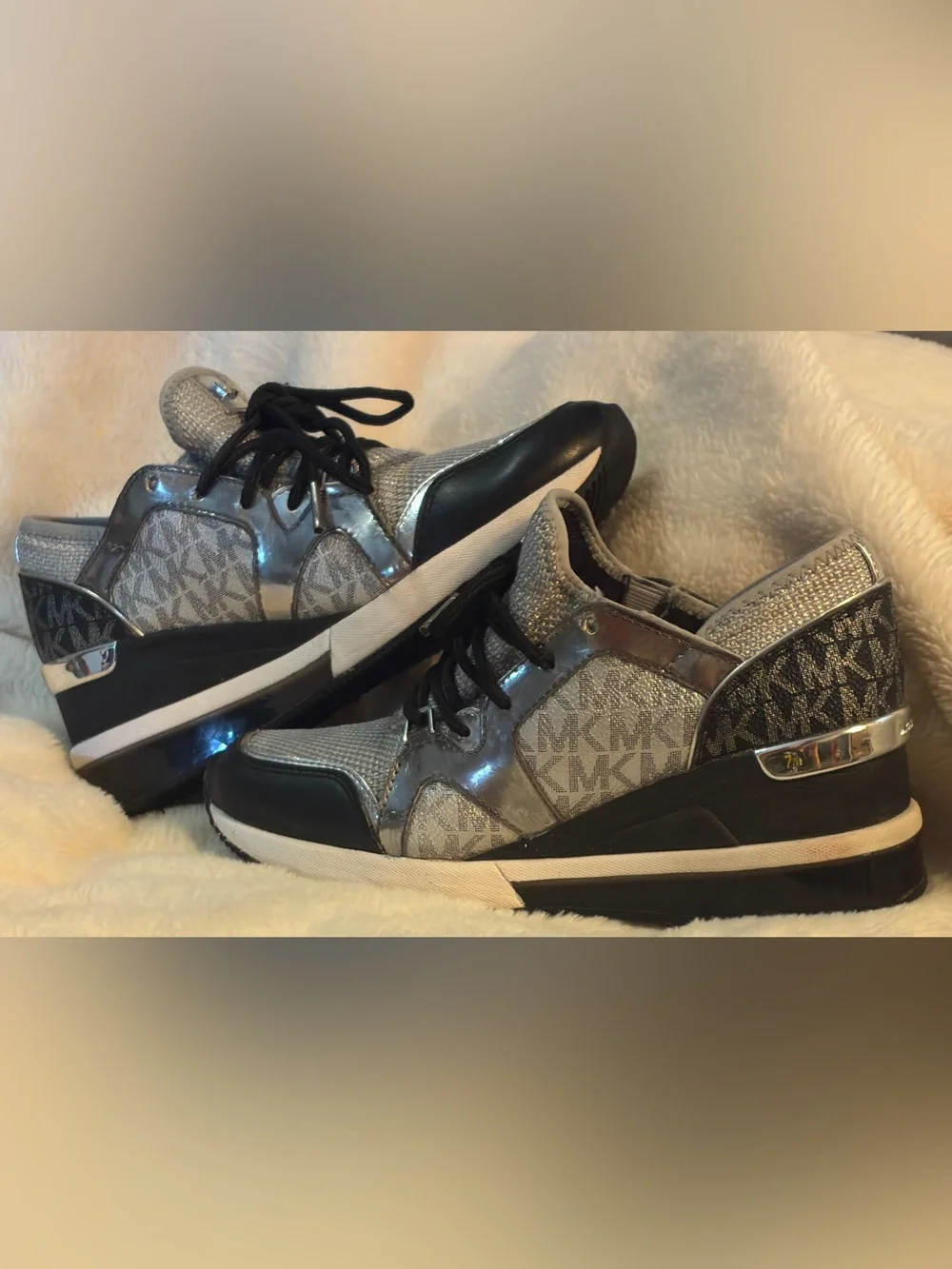 Michael Kors Liv Glitter Mesh Wedge Trainers - Size 6